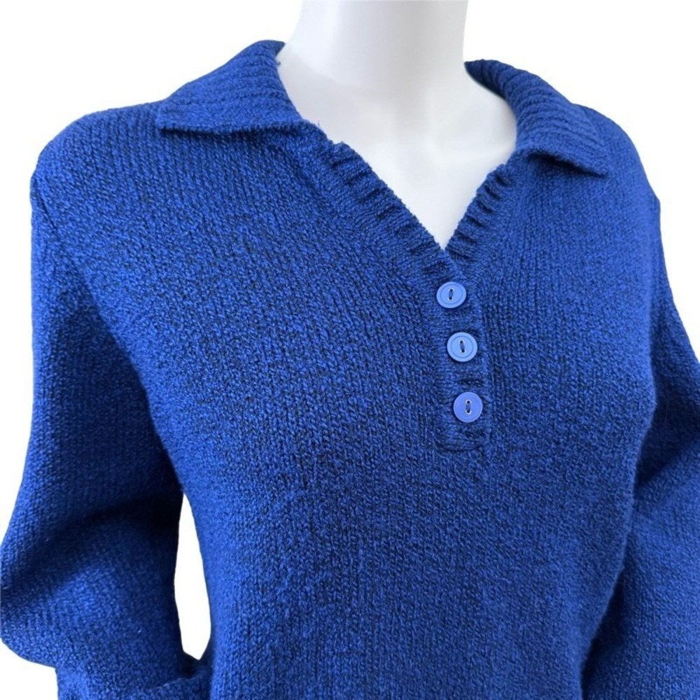 Karen Scott‎ Petites Medium Navy Blue Textured Knit Polo Sweater Long Sleeve PM